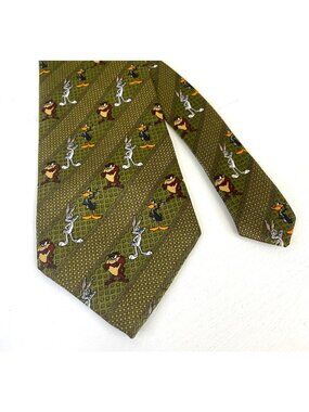 Looney Tunes Vintage Necktie Mens Bugs Daffy Taz Olive Green Striped Funny